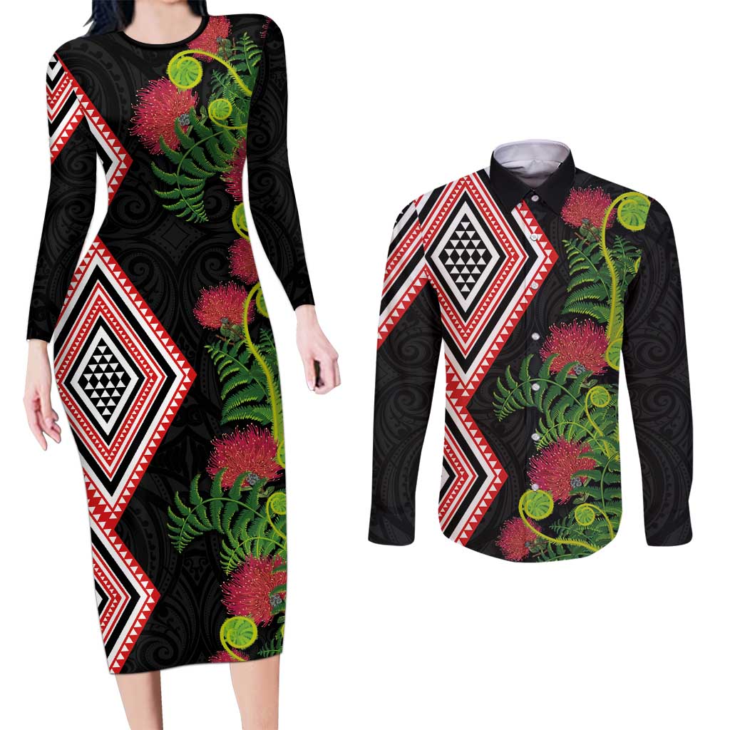 Aotearoa Tukutuku Motif Couples Matching Long Sleeve Bodycon Dress and Long Sleeve Button Shirt Pohutukawa and Fern Leaves