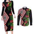 Aotearoa Tukutuku Motif Couples Matching Long Sleeve Bodycon Dress and Long Sleeve Button Shirt Pohutukawa and Fern Leaves