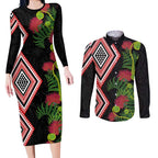 Aotearoa Tukutuku Motif Couples Matching Long Sleeve Bodycon Dress and Long Sleeve Button Shirt Pohutukawa and Fern Leaves