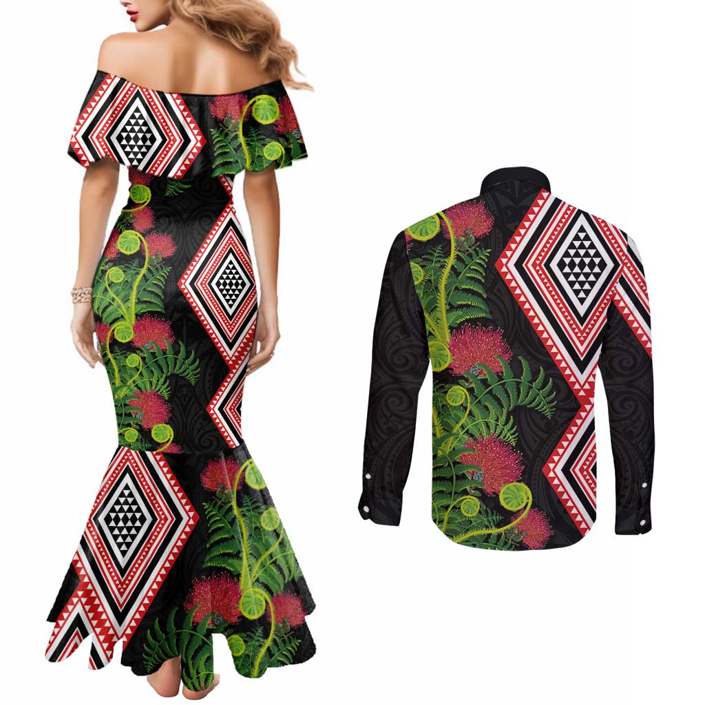 Aotearoa Tukutuku Motif Couples Matching Mermaid Dress and Long Sleeve Button Shirt Pohutukawa and Fern Leaves