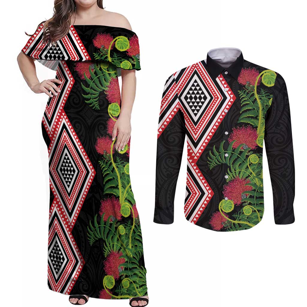 Aotearoa Tukutuku Motif Couples Matching Off Shoulder Maxi Dress and Long Sleeve Button Shirt Pohutukawa and Fern Leaves