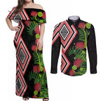 Aotearoa Tukutuku Motif Couples Matching Off Shoulder Maxi Dress and Long Sleeve Button Shirt Pohutukawa and Fern Leaves