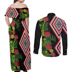 Aotearoa Tukutuku Motif Couples Matching Off Shoulder Maxi Dress and Long Sleeve Button Shirt Pohutukawa and Fern Leaves