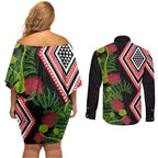 Aotearoa Tukutuku Motif Couples Matching Off Shoulder Short Dress and Long Sleeve Button Shirt Pohutukawa and Fern Leaves