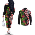 Aotearoa Tukutuku Motif Couples Matching Off The Shoulder Long Sleeve Dress and Long Sleeve Button Shirt Pohutukawa and Fern Leaves