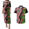 Aotearoa Tukutuku Motif Couples Matching Puletasi and Hawaiian Shirt Pohutukawa and Fern Leaves