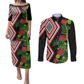 Aotearoa Tukutuku Motif Couples Matching Puletasi and Long Sleeve Button Shirt Pohutukawa and Fern Leaves