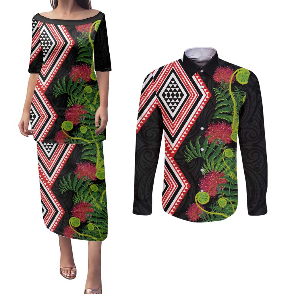Aotearoa Tukutuku Motif Couples Matching Puletasi and Long Sleeve Button Shirt Pohutukawa and Fern Leaves