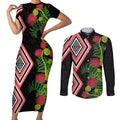 Aotearoa Tukutuku Motif Couples Matching Short Sleeve Bodycon Dress and Long Sleeve Button Shirt Pohutukawa and Fern Leaves