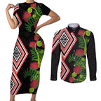 Aotearoa Tukutuku Motif Couples Matching Short Sleeve Bodycon Dress and Long Sleeve Button Shirt Pohutukawa and Fern Leaves