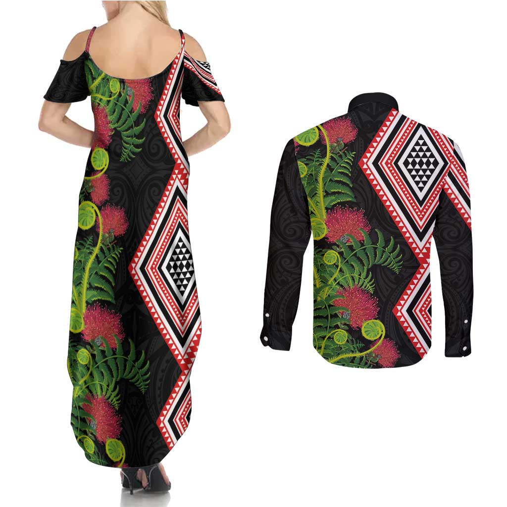 Aotearoa Tukutuku Motif Couples Matching Summer Maxi Dress and Long Sleeve Button Shirt Pohutukawa and Fern Leaves