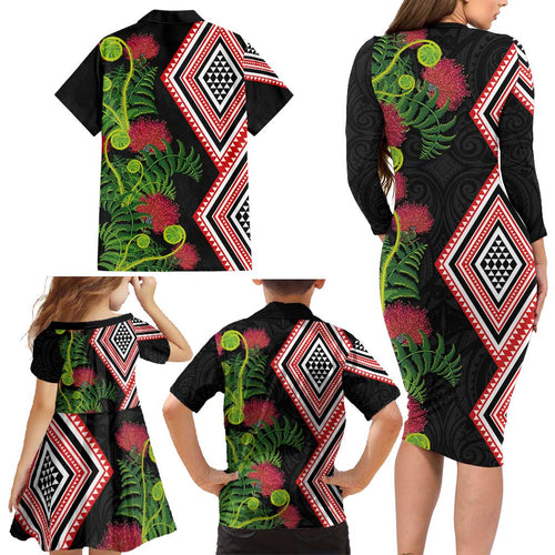 Aotearoa Tukutuku Motif Family Matching Long Sleeve Bodycon Dress and Hawaiian Shirt Pohutukawa and Fern Leaves