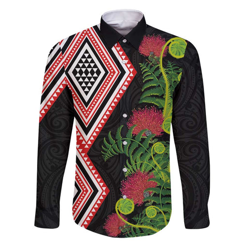 Aotearoa Tukutuku Motif Family Matching Mermaid Dress and Hawaiian Shirt Pohutukawa and Fern Leaves