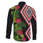 Aotearoa Tukutuku Motif Family Matching Mermaid Dress and Hawaiian Shirt Pohutukawa and Fern Leaves