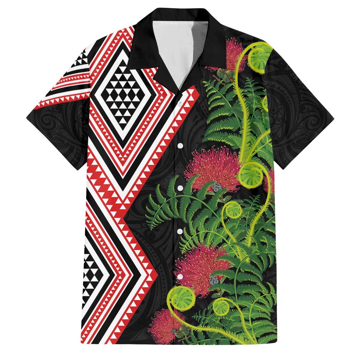 Aotearoa Tukutuku Motif Family Matching Off The Shoulder Long Sleeve Dress and Hawaiian Shirt Pohutukawa and Fern Leaves