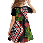 Aotearoa Tukutuku Motif Family Matching Off Shoulder Maxi Dress and Hawaiian Shirt Pohutukawa and Fern Leaves