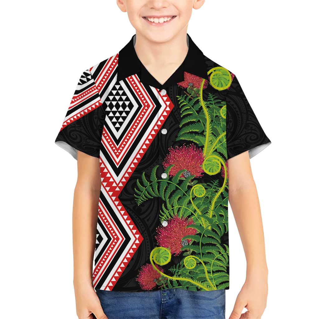 Aotearoa Tukutuku Motif Family Matching Off Shoulder Short Dress and Hawaiian Shirt Pohutukawa and Fern Leaves
