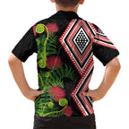 Aotearoa Tukutuku Motif Family Matching Puletasi and Hawaiian Shirt Pohutukawa and Fern Leaves