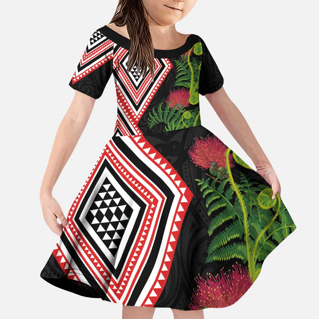 Aotearoa Tukutuku Motif Family Matching Puletasi and Hawaiian Shirt Pohutukawa and Fern Leaves