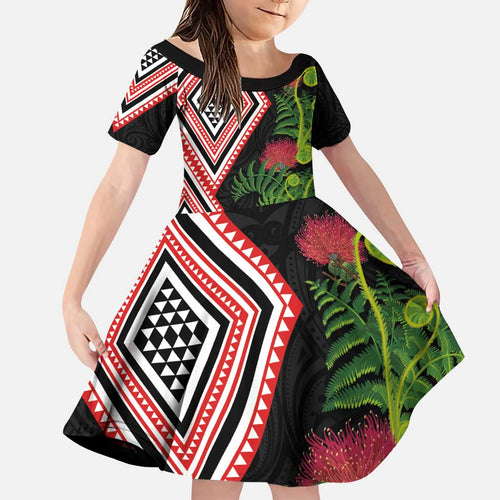 Aotearoa Tukutuku Motif Family Matching Puletasi and Hawaiian Shirt Pohutukawa and Fern Leaves