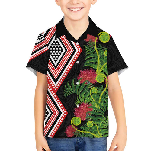 Aotearoa Tukutuku Motif Family Matching Puletasi and Hawaiian Shirt Pohutukawa and Fern Leaves