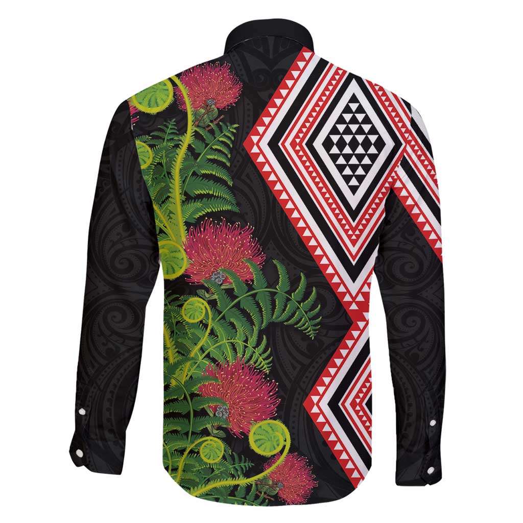 Aotearoa Tukutuku Motif Family Matching Tank Maxi Dress and Hawaiian Shirt Pohutukawa and Fern Leaves