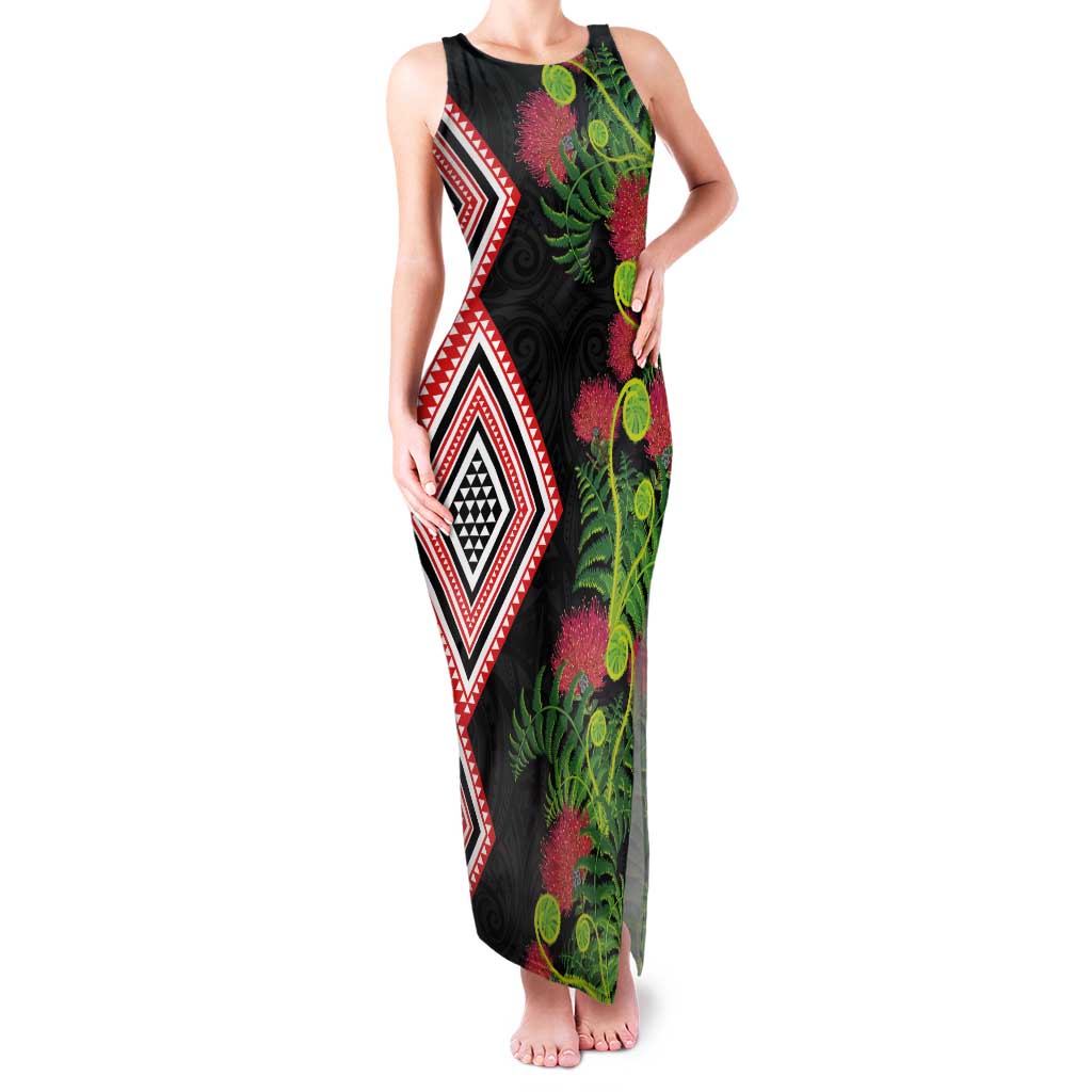 Aotearoa Tukutuku Motif Family Matching Tank Maxi Dress and Hawaiian Shirt Pohutukawa and Fern Leaves