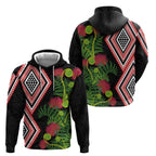 Aotearoa Tukutuku Motif Hoodie Pohutukawa and Fern Leaves