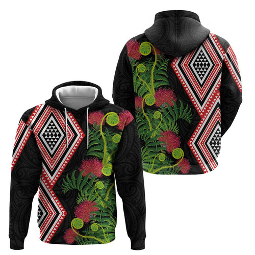 Aotearoa Tukutuku Motif Hoodie Pohutukawa and Fern Leaves