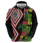 Aotearoa Tukutuku Motif Hoodie Pohutukawa and Fern Leaves
