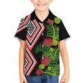 Aotearoa Tukutuku Motif Kid Hawaiian Shirt Pohutukawa and Fern Leaves