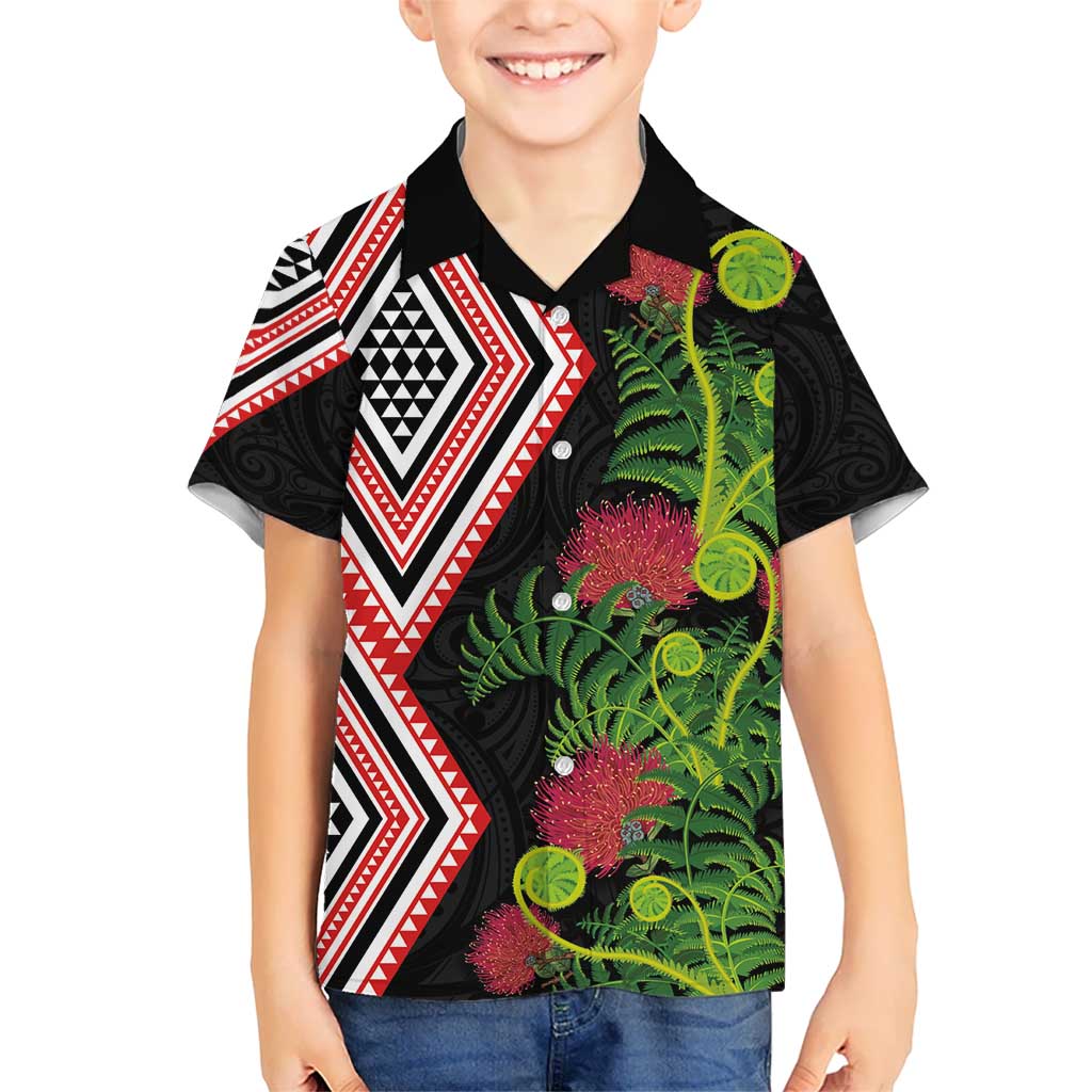 Aotearoa Tukutuku Motif Kid Hawaiian Shirt Pohutukawa and Fern Leaves