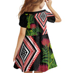 Aotearoa Tukutuku Motif Kid Short Sleeve Dress Pohutukawa and Fern Leaves