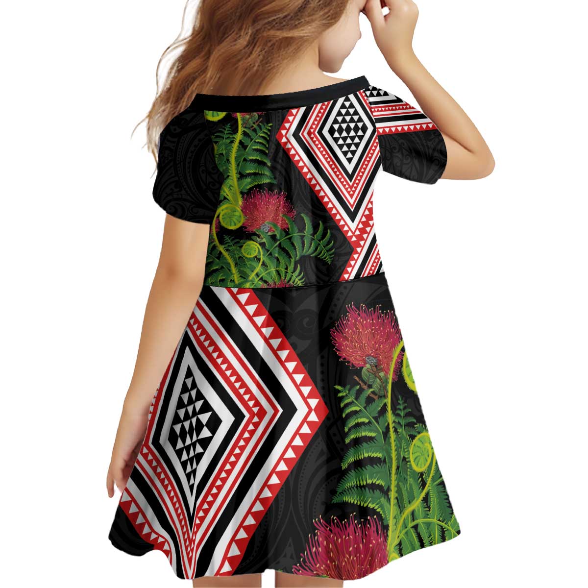 Aotearoa Tukutuku Motif Kid Short Sleeve Dress Pohutukawa and Fern Leaves