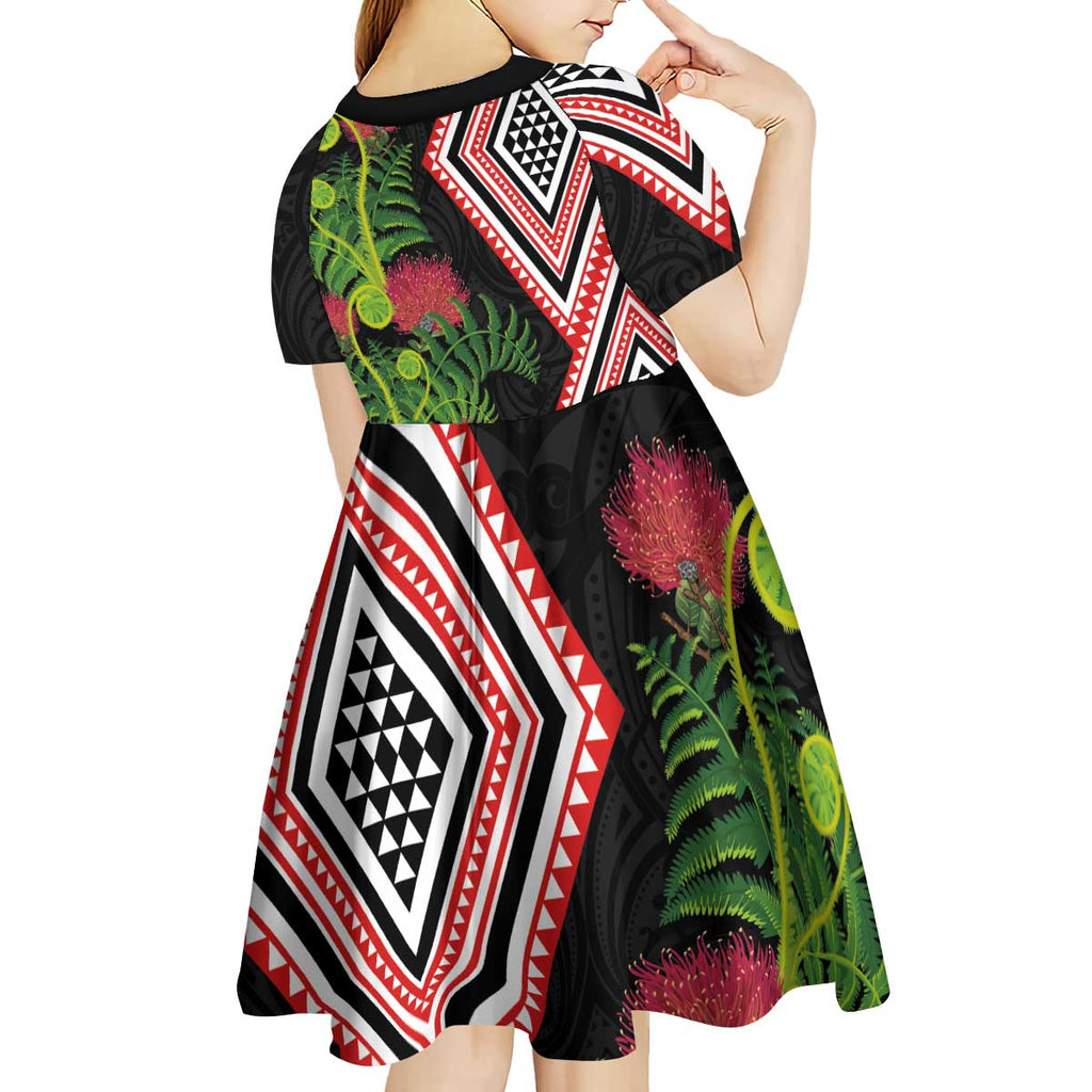 Aotearoa Tukutuku Motif Kid Short Sleeve Dress Pohutukawa and Fern Leaves
