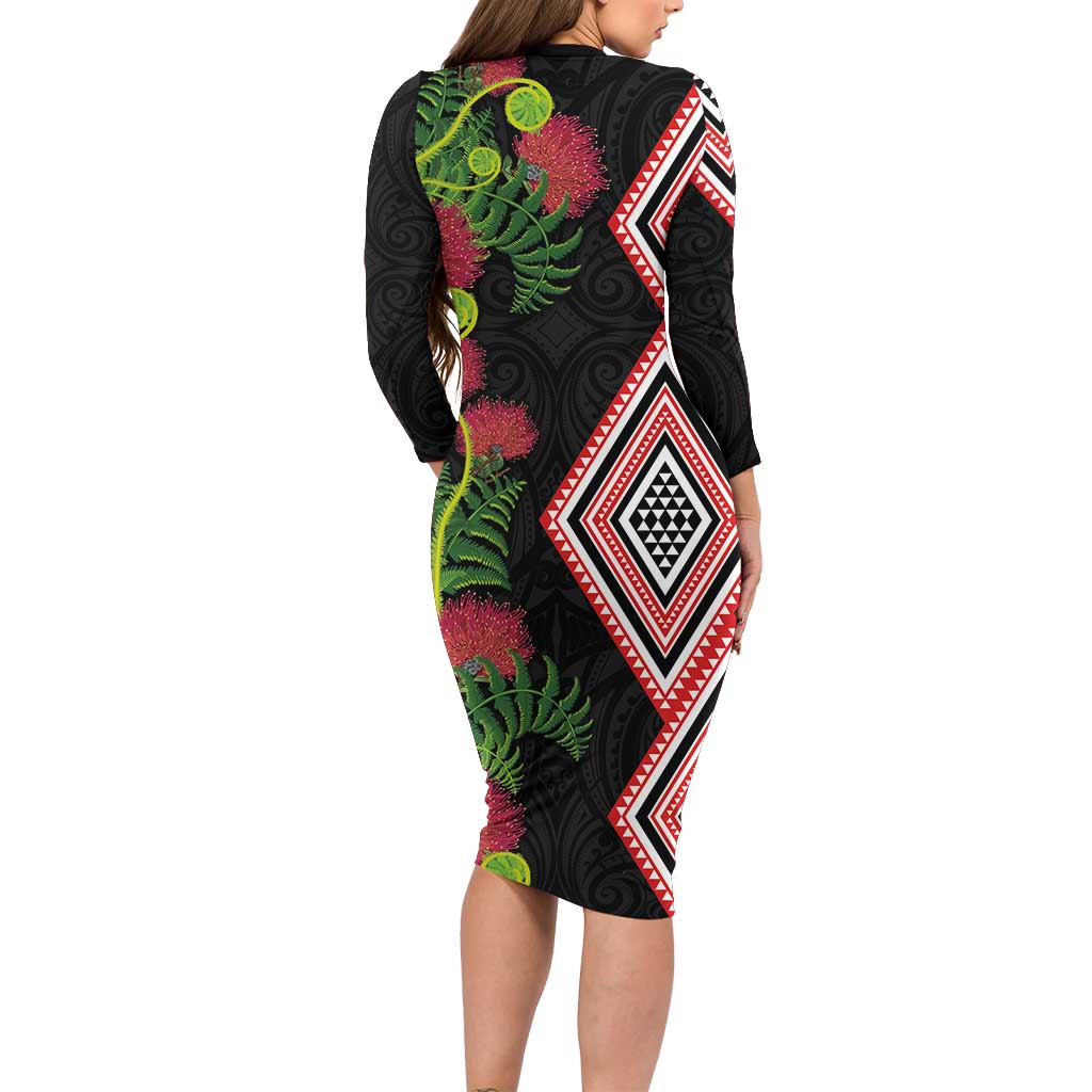 Aotearoa Tukutuku Motif Long Sleeve Bodycon Dress Pohutukawa and Fern Leaves