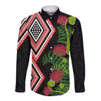 Aotearoa Tukutuku Motif Long Sleeve Button Shirt Pohutukawa and Fern Leaves