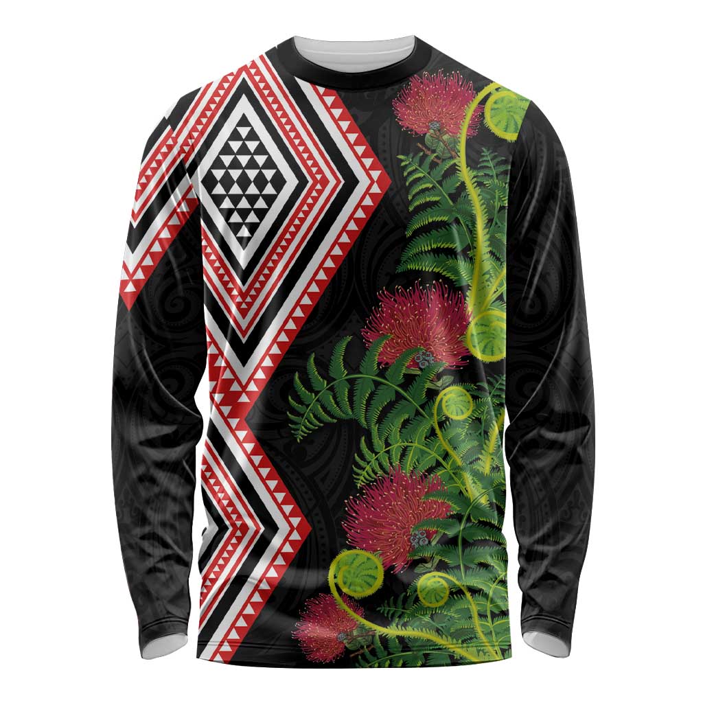 Aotearoa Tukutuku Motif Long Sleeve Shirt Pohutukawa and Fern Leaves