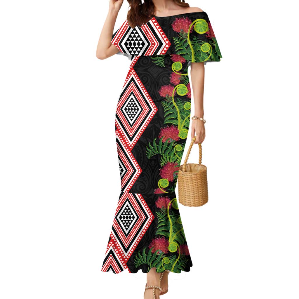 Aotearoa Tukutuku Motif Mermaid Dress Pohutukawa and Fern Leaves