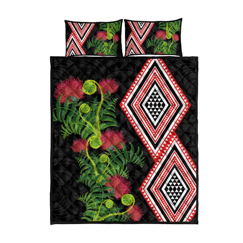 Aotearoa Tukutuku Motif Quilt Bed Set Pohutukawa and Fern Leaves