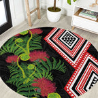 Aotearoa Tukutuku Motif Round Carpet Pohutukawa and Fern Leaves