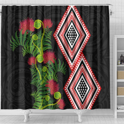 Aotearoa Tukutuku Motif Shower Curtain Pohutukawa and Fern Leaves