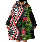 Aotearoa Tukutuku Motif Wearable Blanket Hoodie Pohutukawa and Fern Leaves