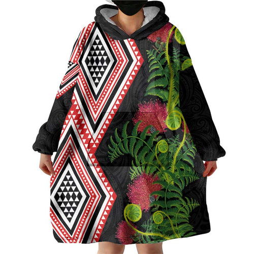 Aotearoa Tukutuku Motif Wearable Blanket Hoodie Pohutukawa and Fern Leaves