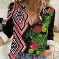 Aotearoa Tukutuku Motif Women Casual Shirt Pohutukawa and Fern Leaves
