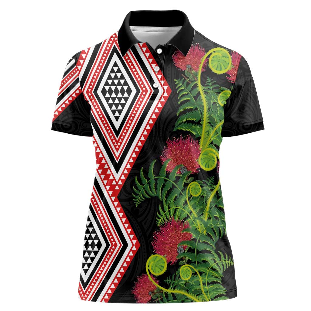 Aotearoa Tukutuku Motif Women Polo Shirt Pohutukawa and Fern Leaves