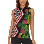 Aotearoa Tukutuku Motif Women Sleeveless Polo Shirt Pohutukawa and Fern Leaves