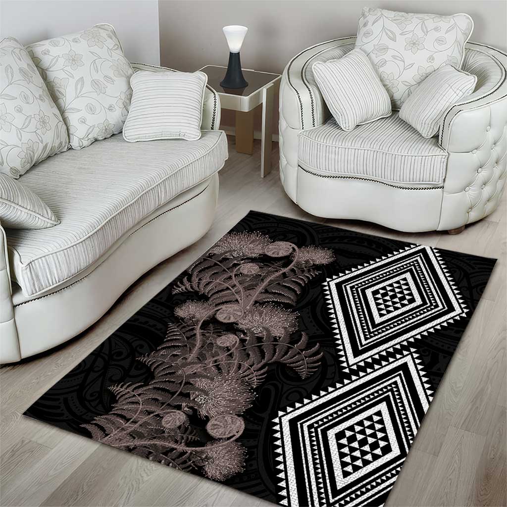 Aotearoa Tukutuku Motif Area Rug Pohutukawa and Fern Leaves Grayscale Color