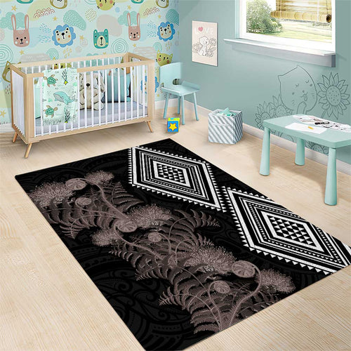 Aotearoa Tukutuku Motif Area Rug Pohutukawa and Fern Leaves Grayscale Color