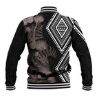 Aotearoa Tukutuku Motif Baseball Jacket Pohutukawa and Fern Leaves Grayscale Color